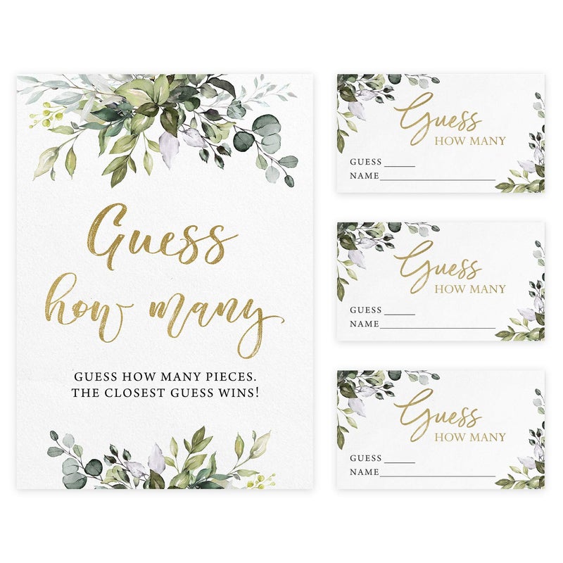Printed Party Candy Guessing Game, Guess How Many, Greenery, 50 Cards and Sign - Image 1
